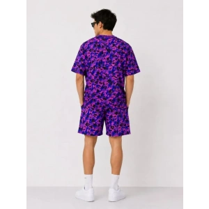 Erkek Oversize Kalıp Pubg Bape X Shark Nakışlı Cepli Şort Takım - Mor