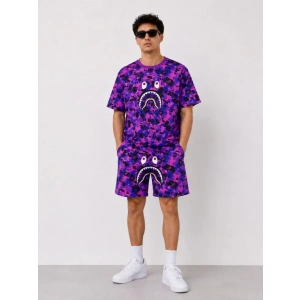Erkek Oversize Kalıp Pubg Bape X Shark Nakışlı Cepli Şort Takım - Mor
