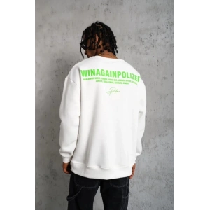 Erkek Oversize Sweatshirt – Beyaz Renk  Ön Ve Sırt Baskılı, Üç İplik İçi Pamuklu Kumaş, Rahat Kalıp, Ribanalı Kışlık Sweat  Winagain Polizei Serisi - Beyaz