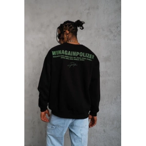 Erkek Oversize Sweatshirt – Siyah Renk  Ön Ve Sırt Baskılı, Üç İplik İçi Pamuklu Kumaş, Rahat Kalıp, Ribanalı Kışlık Sweat  Winagain Polizei Serisi - Siyah