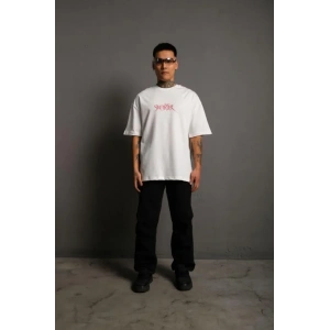 Erkek Oversize Tişört – Beyaz 24/1 Penye Kumaş, Bisiklet Yaka, Ön - Arka Baskılı, Streetwear Tarzı Rahat Büyük Kalıp T-Shirt- Beyaz