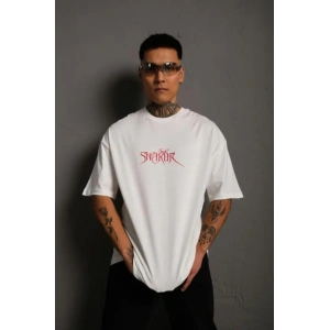 Erkek Oversize Tişört – Beyaz 24/1 Penye Kumaş, Bisiklet Yaka, Ön - Arka Baskılı, Streetwear Tarzı Rahat Büyük Kalıp T-Shirt- Beyaz