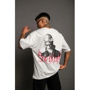 Erkek Oversize Tişört – Beyaz 24/1 Penye Kumaş, Bisiklet Yaka, Ön - Arka Baskılı, Streetwear Tarzı Rahat Büyük Kalıp T-Shirt- Beyaz