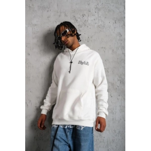 Erkek Oversize Üç İplik Kapüşonlu Sweat – Kol Ve Etek Ribana Detaylı, Ön Ve Sırt Baskılı, Kanguru Cepli Rahat Kalıp Model - Beyaz