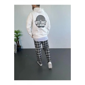 Erkek Oversize Üç İplik Kapüşonlu Sweatshirt – Beyaz Ön Baskılı, Kanguru Cepli, Rahat Kalıp, İçi Pamuklu Model