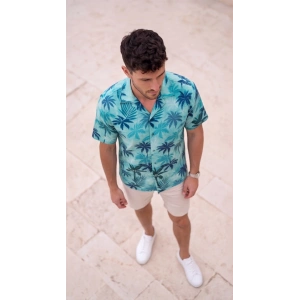 Erkek Palmiye Desenli Yarım Oversize Kısa Kollu Hawai Gömlek