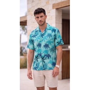 Erkek Palmiye Desenli Yarım Oversize Kısa Kollu Hawai Gömlek