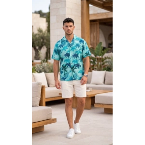Erkek Palmiye Desenli Yarım Oversize Kısa Kollu Hawai Gömlek