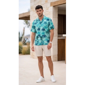 Erkek Palmiye Desenli Yarım Oversize Kısa Kollu Hawai Gömlek