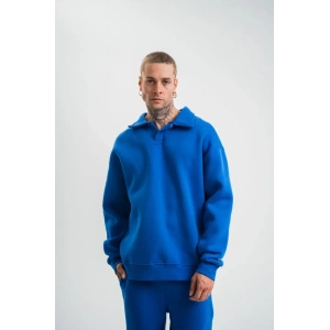 Erkek Patlı Yaka Üç İplik Pamuklu Sweatshirt Double Oversize Rahat Kalıp Günlük Kullanım - Mavi