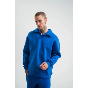 Erkek Patlı Yaka Üç İplik Pamuklu Sweatshirt Double Oversize Rahat Kalıp Günlük Kullanım - Mavi