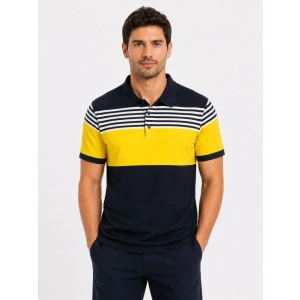 Erkek Pike Kumaş Çizgili Polo Yaka Tişört Kısa Kol Yazlık T-Shirt - Lacivert