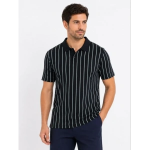 Erkek Pike Kumaş Çizgili Polo Yaka Tişört Kısa Kol Yazlık T-Shirt - Siyah