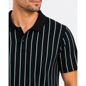 Erkek Pike Kumaş Çizgili Polo Yaka Tişört Kısa Kol Yazlık T-Shirt - Siyah