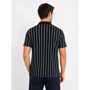Erkek Pike Kumaş Çizgili Polo Yaka Tişört Kısa Kol Yazlık T-Shirt - Siyah