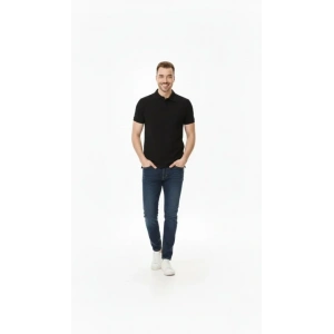 Erkek Pike Kumaş Düğmeli Yaka Regular Fit Günlük Kısa Kol Tişört T-shirt - Siyah