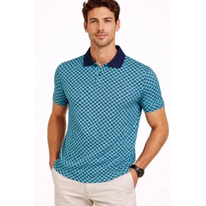 Erkek Pike Kumaş Polo Yaka Desenli Tişört Kısa Kol Yazlık T-Shirt - Turkuaz