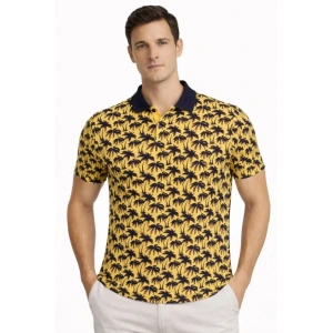 Erkek Pike Kumaş Polo Yaka Palmiye Desenli Tişört Kısa Kol Yazlık T-Shirt - Sarı