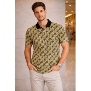 Erkek Pike Kumaş Polo Yaka Palmiye Desenli Tişört Kısa Kol Yazlık T-Shirt - Sarı