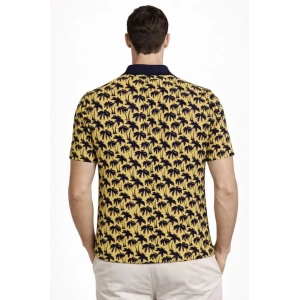 Erkek Pike Kumaş Polo Yaka Palmiye Desenli Tişört Kısa Kol Yazlık T-Shirt - Sarı