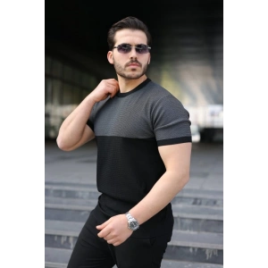 Erkek Renk Bloklu Bisiklet Yaka Kısa Kollu Triko Tişört