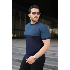 Erkek Renk Bloklu Bisiklet Yaka Kısa Kollu Triko Tişört