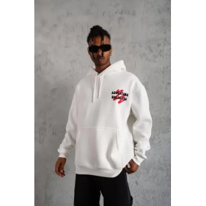 Erkek Şapkalı Güvercin Baskılı Kapşonlu Sweat - Beyaz