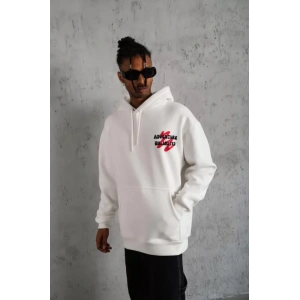 Erkek Şapkalı Güvercin Baskılı Kapşonlu Sweat - Beyaz