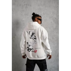 Erkek Şapkalı Güvercin Baskılı Kapşonlu Sweat - Beyaz