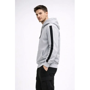 Erkek Şeritli Kapüşonlu Sweatshirt Oversize 3 Iplik Pamuklu - Beyaz