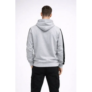 Erkek Şeritli Kapüşonlu Sweatshirt Oversize 3 Iplik Pamuklu - Beyaz
