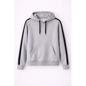 Erkek Şeritli Kapüşonlu Sweatshirt Oversize 3 Iplik Pamuklu - Gri