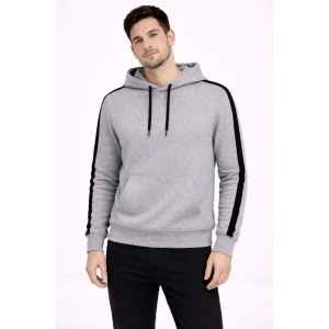 Erkek Şeritli Kapüşonlu Sweatshirt Oversize 3 Iplik Pamuklu - Gri