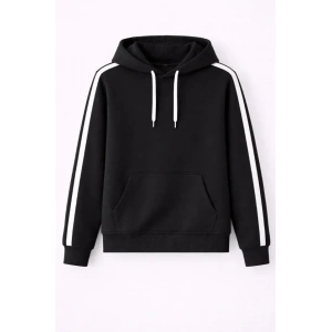 Erkek Şeritli Kapüşonlu Sweatshirt Oversize 3 Iplik Pamuklu - Siyah