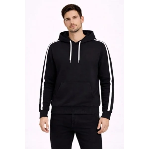 Erkek Şeritli Kapüşonlu Sweatshirt Oversize 3 Iplik Pamuklu - Siyah