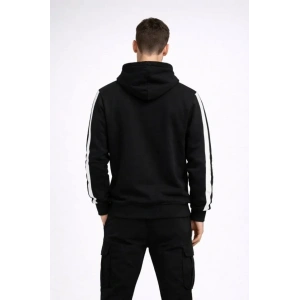 Erkek Şeritli Kapüşonlu Sweatshirt Oversize 3 Iplik Pamuklu - Siyah