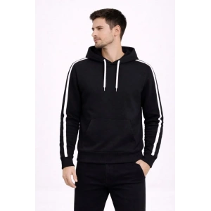 Erkek Şeritli Kapüşonlu Sweatshirt Oversize 3 Iplik Pamuklu - Siyah