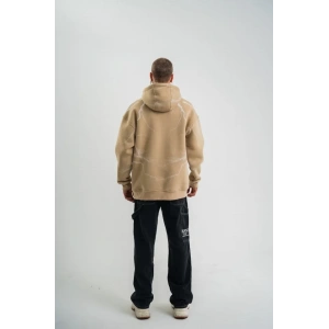 Erkek Şimşek Baskılı Kapşonlu Sweatshirt Üç İplik Pamuklu Kanguru Cepli Double Oversize Hoodie - Bej