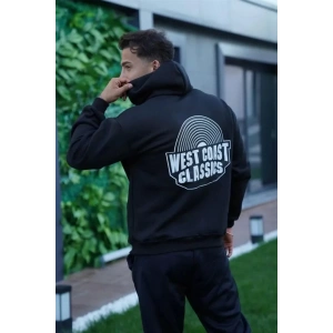 Erkek Sırt Baskılı Kapüşonlu Üç İplik Oversize Sweatshirt - Siyah