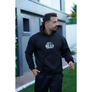 Erkek Sırt Baskılı Kapüşonlu Üç İplik Oversize Sweatshirt - Siyah