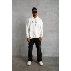 Erkek Sırt Baskılı Oversize Üç İplik Kapüşonlu Sweatshirt - Beyaz