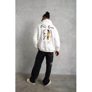 Erkek Sırt Baskılı Oversize Üç İplik Kapüşonlu Sweatshirt - Beyaz