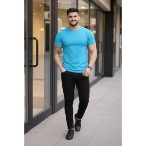 Erkek T-Shirt Bisiklet Yaka Slim Fit Dar Kesim Likralı Tişört Günlük Basic Body - Açık Mavi