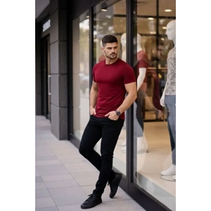 Erkek T-Shirt Bisiklet Yaka Slim Fit Dar Kesim Likralı Tişört Günlük Basic Body - Bordo