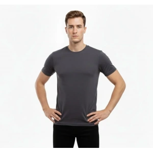 Erkek T-Shirt Bisiklet Yaka Slim Fit Dar Kesim Likralı Tişört Günlük Basic Body - Füme