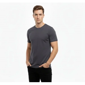 Erkek T-Shirt Bisiklet Yaka Slim Fit Dar Kesim Likralı Tişört Günlük Basic Body - Füme