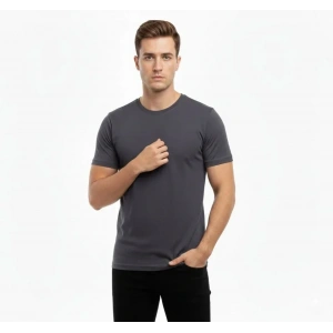 Erkek T-Shirt Bisiklet Yaka Slim Fit Dar Kesim Likralı Tişört Günlük Basic Body - Füme