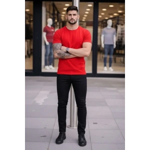 Erkek T-Shirt Bisiklet Yaka Slim Fit Dar Kesim Likralı Tişört Günlük Basic Body - Kırmızı