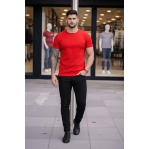 Erkek T-Shirt Bisiklet Yaka Slim Fit Dar Kesim Likralı Tişört Günlük Basic Body - Kırmızı