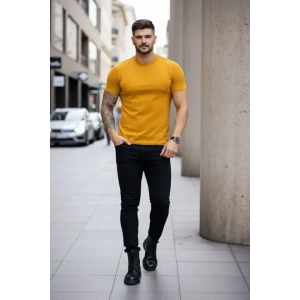 Erkek T-Shirt Bisiklet Yaka Slim Fit Dar Kesim Likralı Tişört Günlük Basic Body - Limon